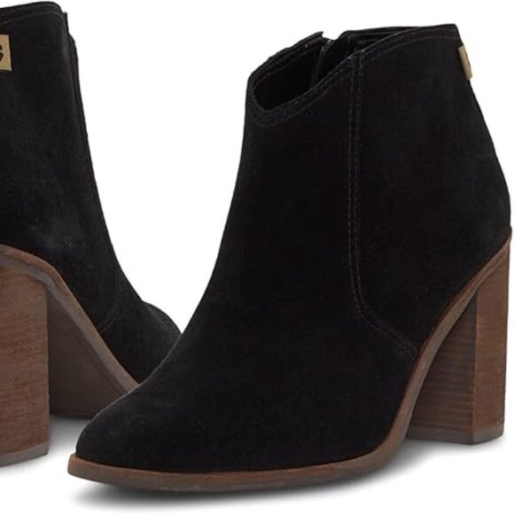 NWOT! New Lucky Brand Pellyon black suede ankle boot, brown chunky stacked heel - Picture 3 of 9